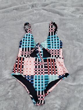MINKPINK Womens Multicolor Plaid One-Piece Swimsuit in Turquoise, Coral & Navy